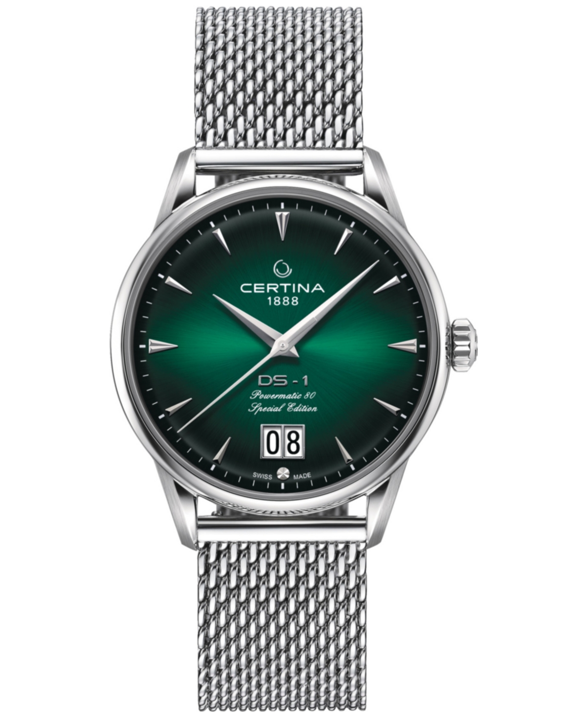 Certina Men's Swiss Automatic Ds-1 Big Date Stainless Steel Mesh Bracelet Watch 41mm In Green