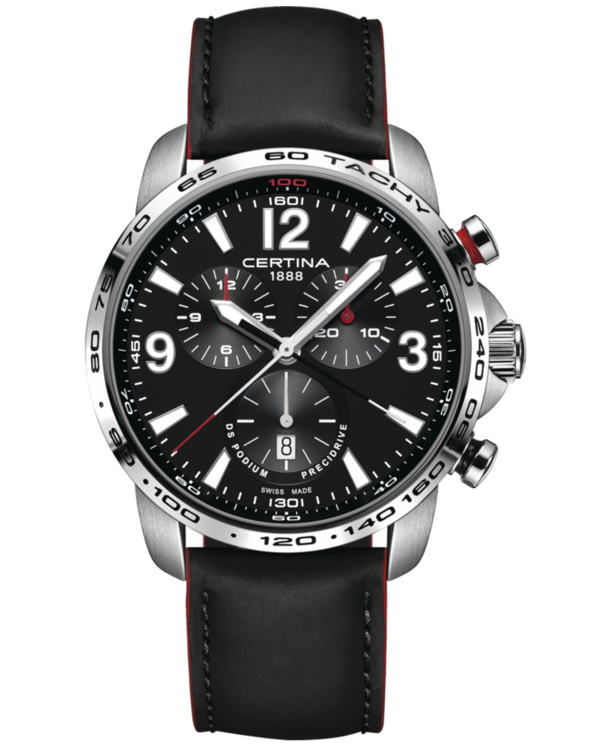 Certina Men's Swiss Chronograph Ds Podium Black Leather Strap Watch 44mm