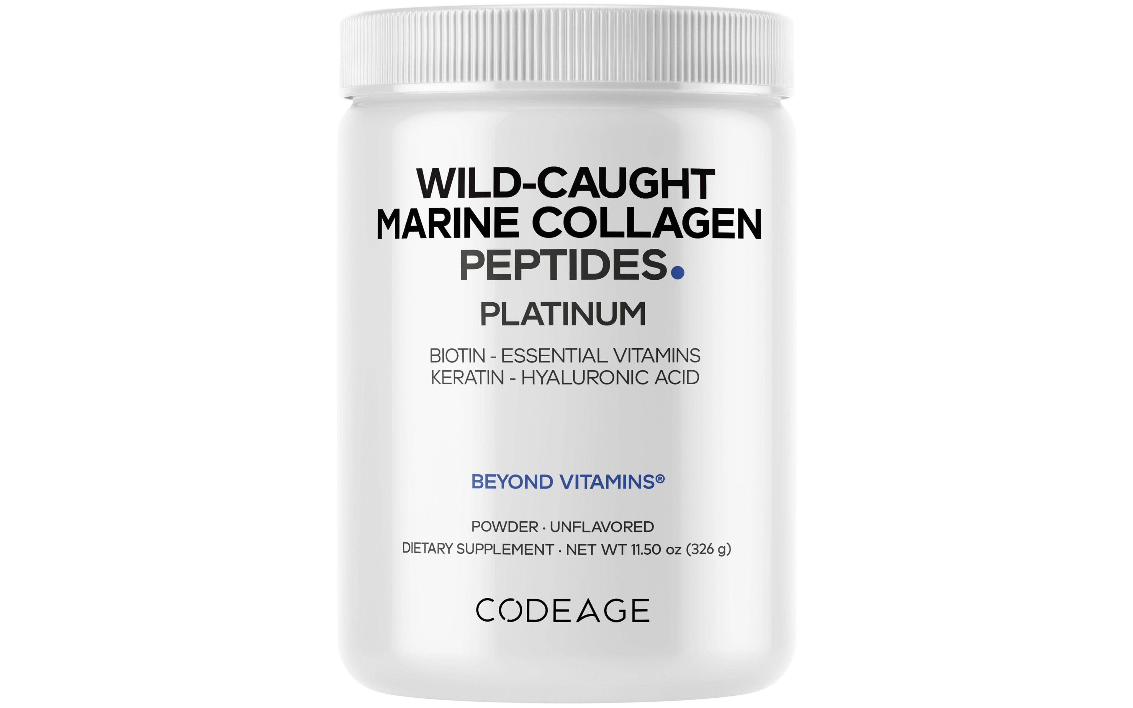 Codeage Marine Collagen Protein Powder Supplement Platinum - Biotin 10,000 mcg, Vitamin C, D3 & B6, Keratin, Hyaluronic Acid, Niacin, 11.50 oz