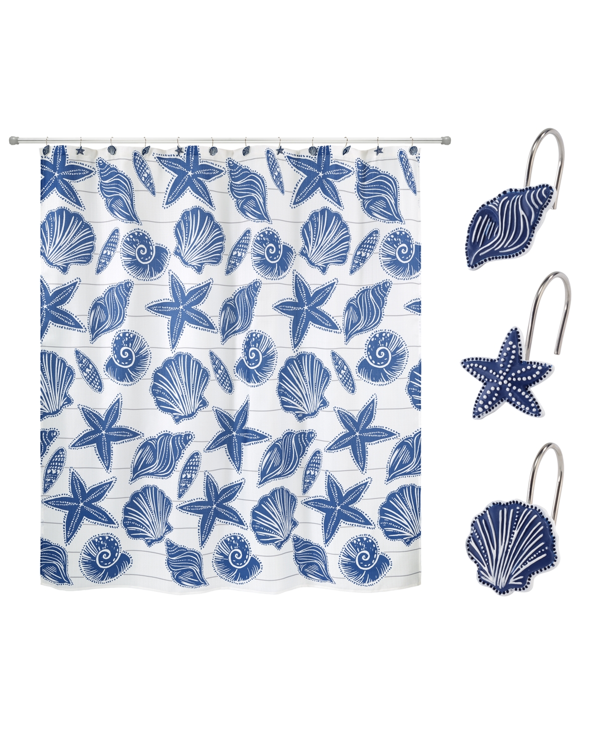 Ibiza Shells Hand-Painted 13-Pc. Shower Curtain & Hooks Set - White, Blue