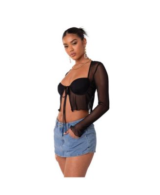 Women's Long Sleeve Mesh Top With Cups & Tie At Front
