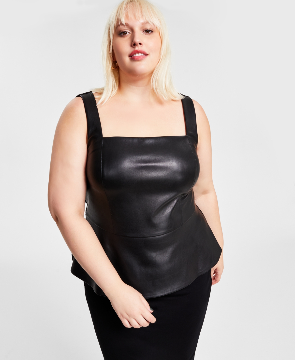 Bar Iii Plus Size Faux-leather Square-neck Peplum Top, Created For Macy's In Deep Black