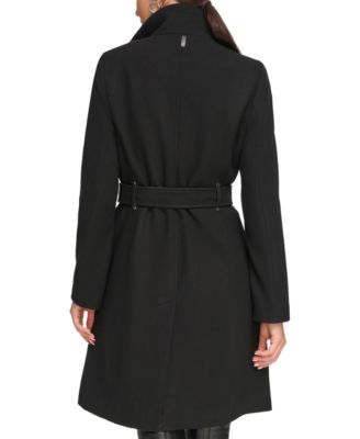 Women's Asymmetrical Belted Funnel-Neck Wool Blend Coat