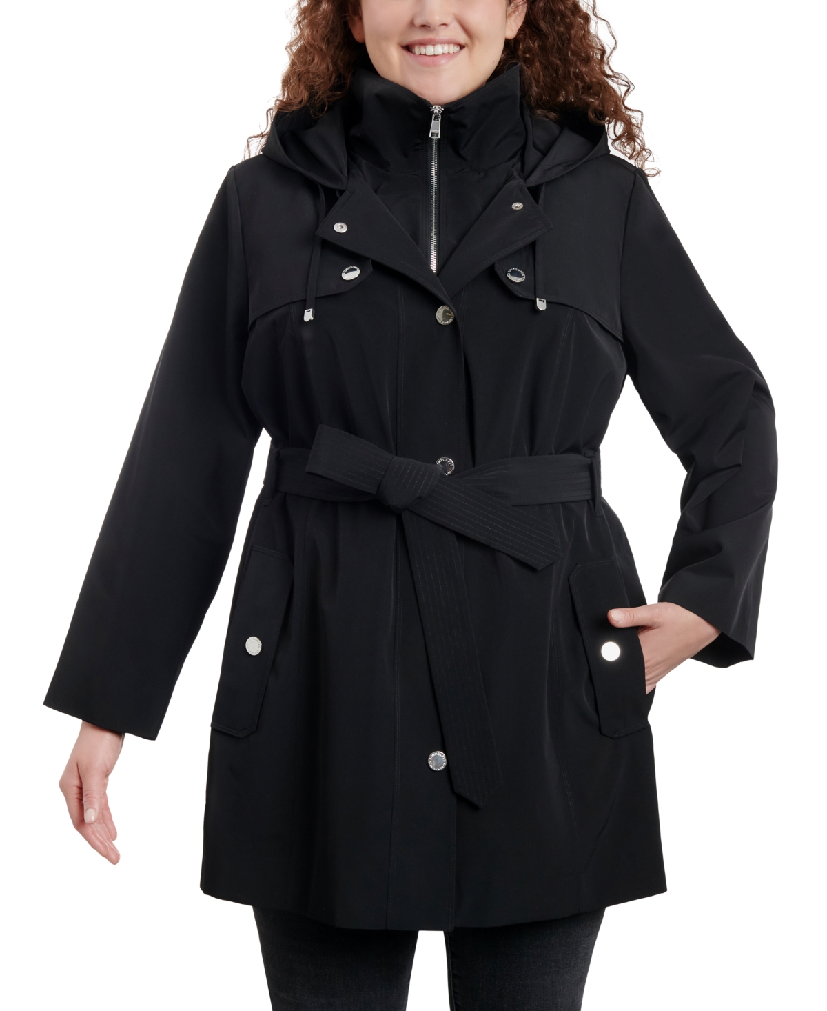 London Fog Women's Plus Size 38" Double-Breasted Hooded Trench Coat