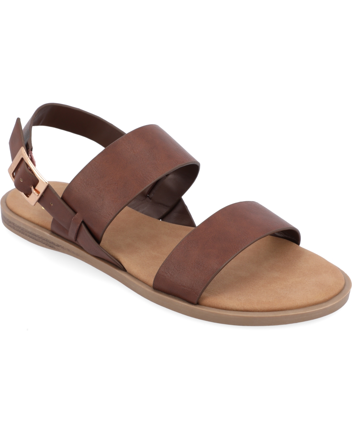 Shop Journee Collection Women's Lavine Double Strap Flat Sandals In Brown- Faux Leather- Polyurethane