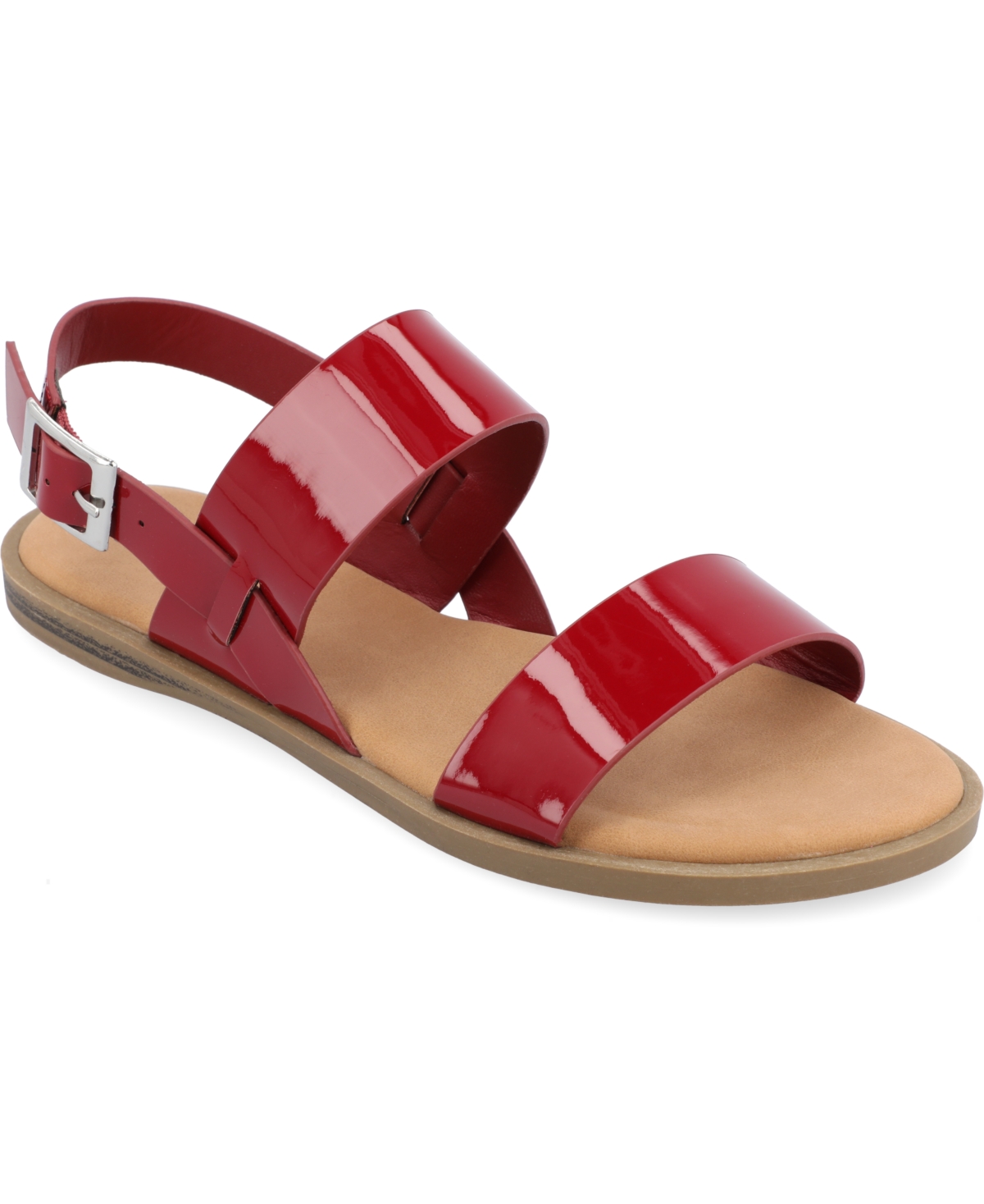 Journee Collection Women's Lavine Double Strap Flat Sandals In Red- Faux Leather- Polyurethane