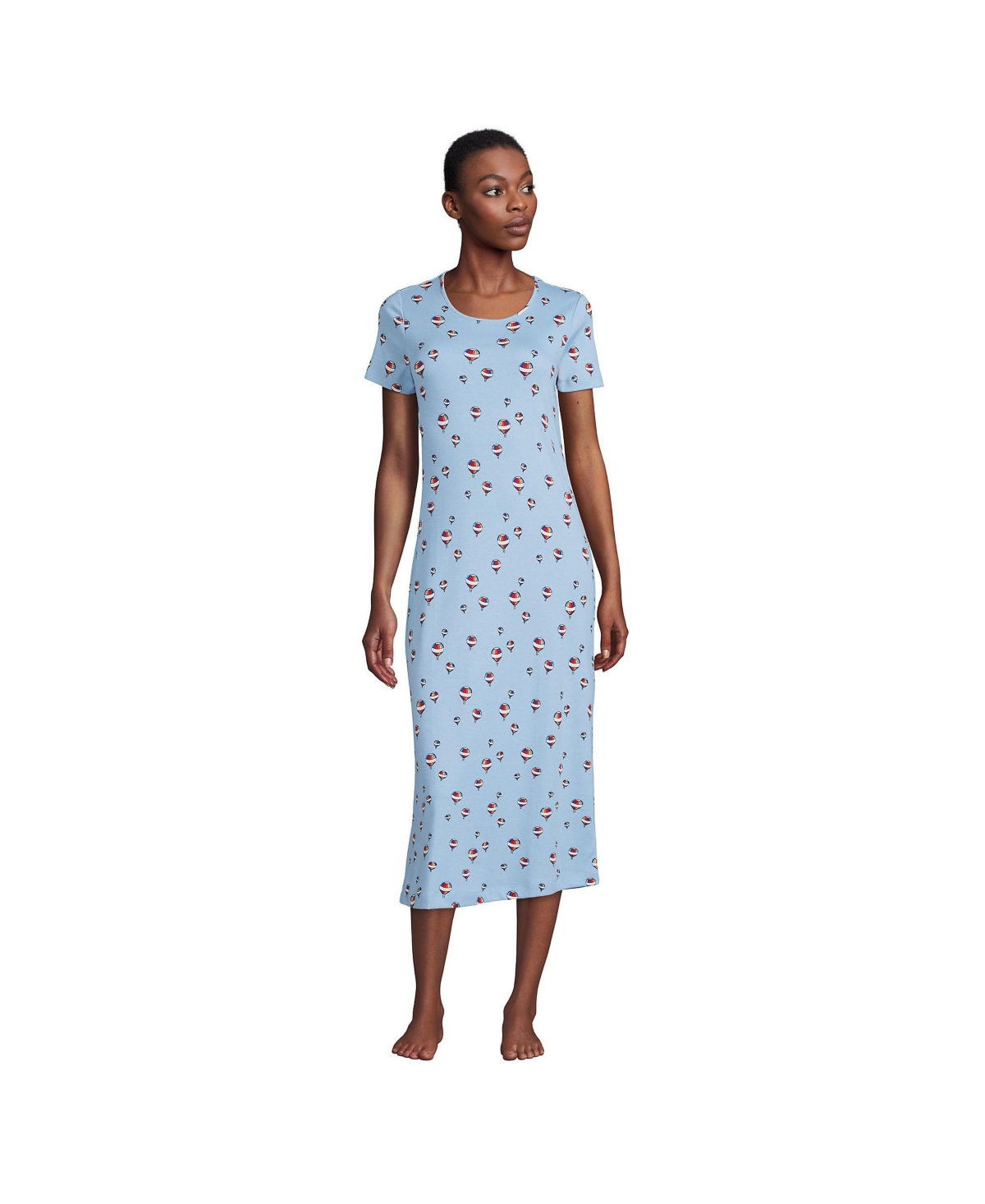 Lands' End Women's Petite Supima Cotton Short Sleeve Midcalf Nightgown Dress In Soft Blue Haze Hot Air Balloon