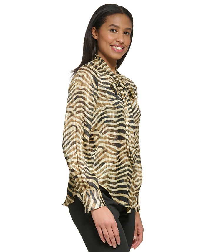 Button-Front Tie Neck Blouse