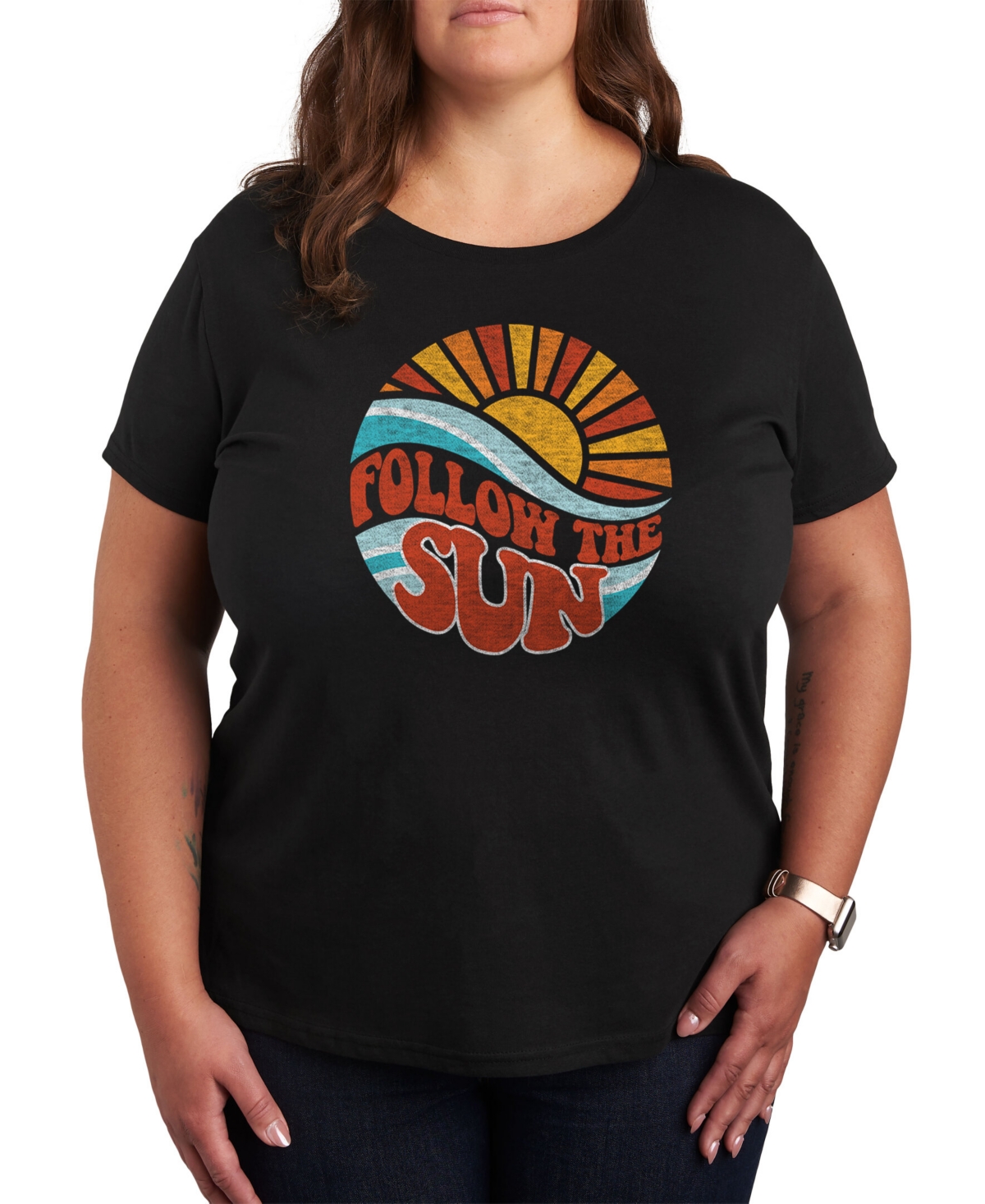 Air Waves Trendy Plus Size Follow The Sun Graphic T-shirt In Black