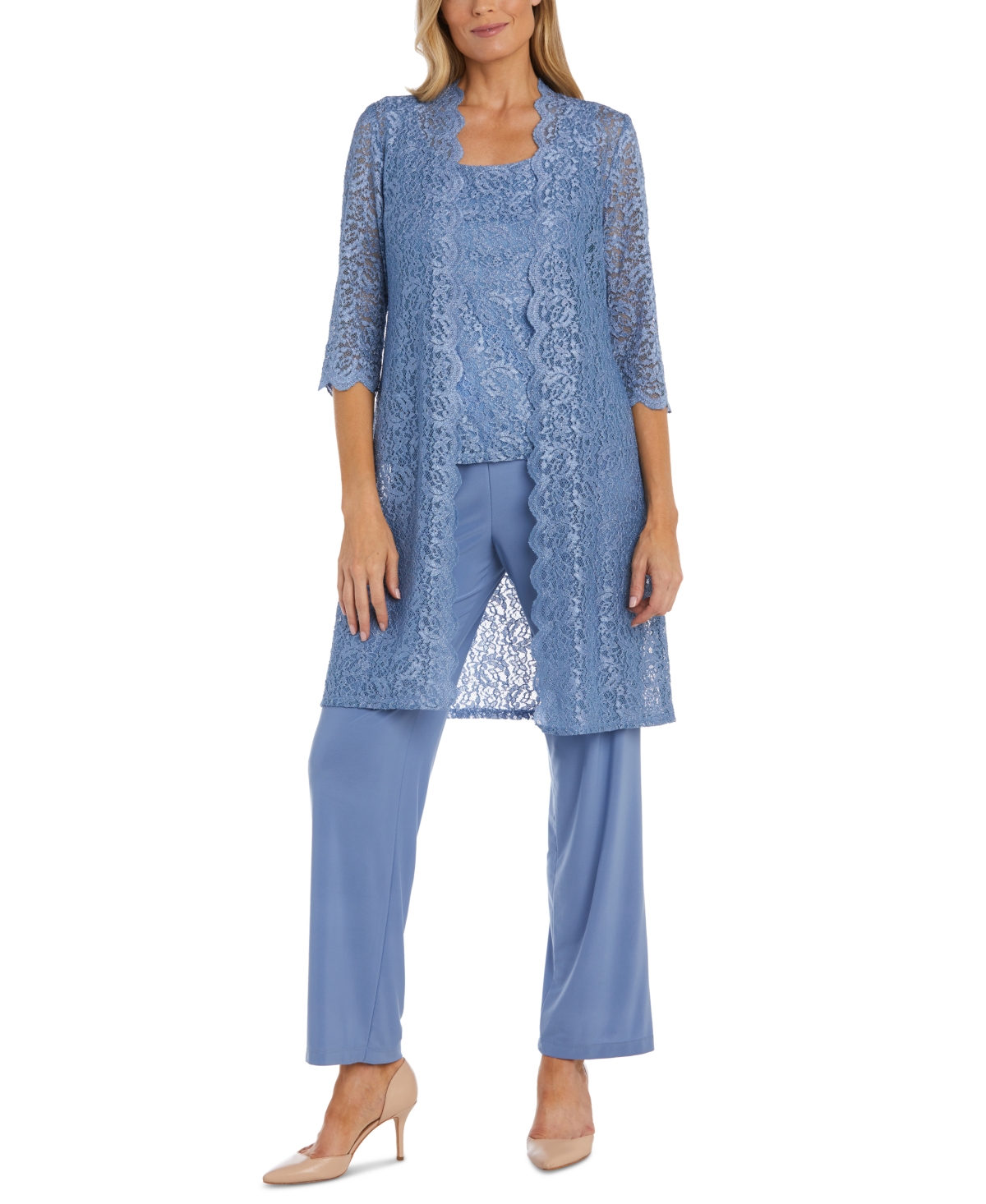 R & M Richards Metallic Lace Tank Top And Pant Set With Sheer Lace Jacket In Dusty Blue