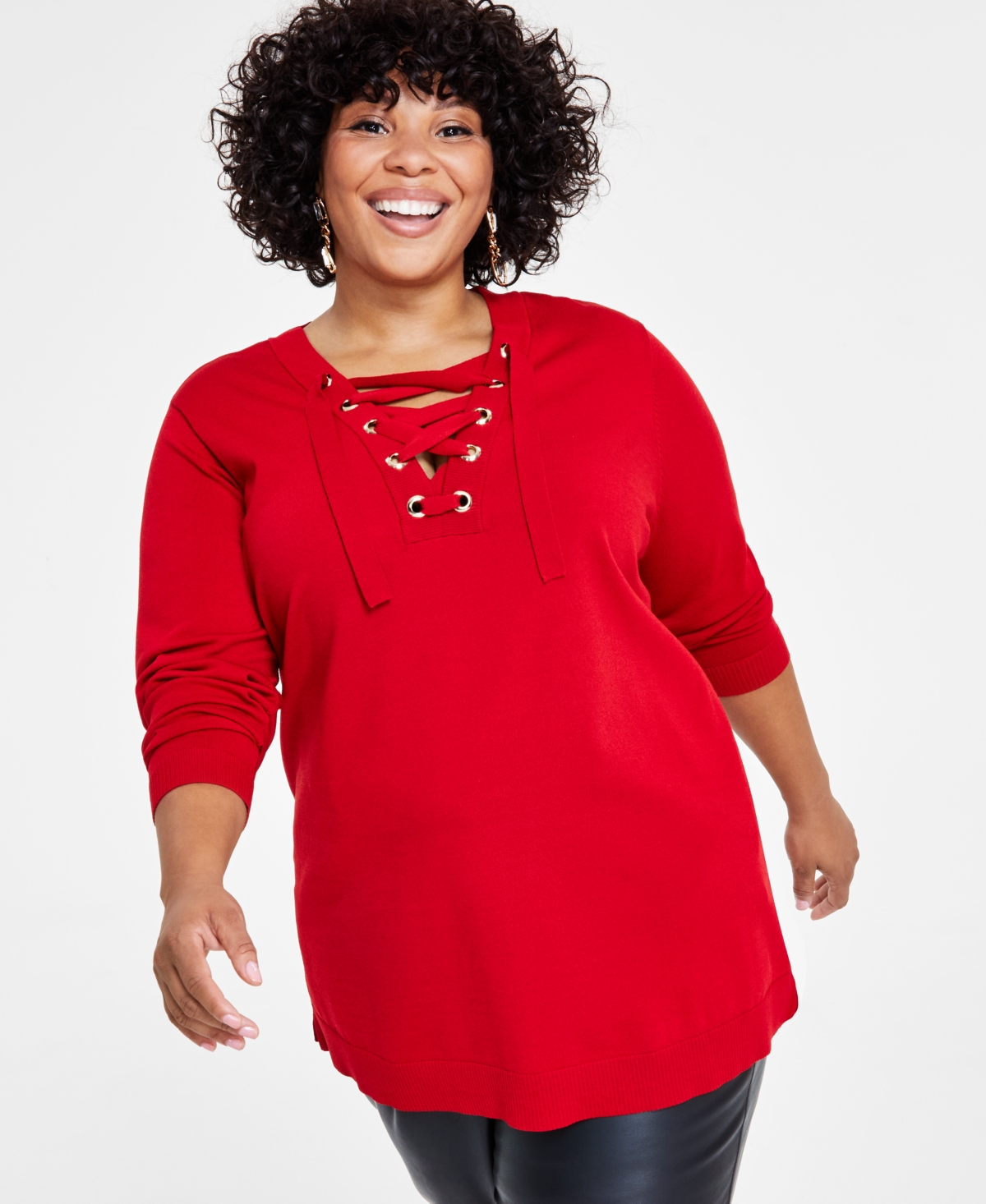Inc International Concepts Plus Size Lace-up Tunic Sweater, Created For Macy's In Red Zenith