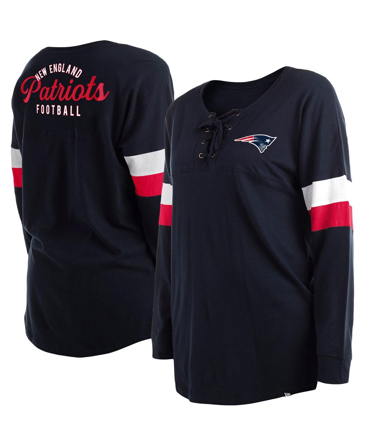 NEW ERA WOMEN'S NEW ERA NAVY NEW ENGLAND PATRIOTS PLUS SIZE ATHLETIC VARSITY LACE-UP V-NECK LONG SLEEVE T-SH 