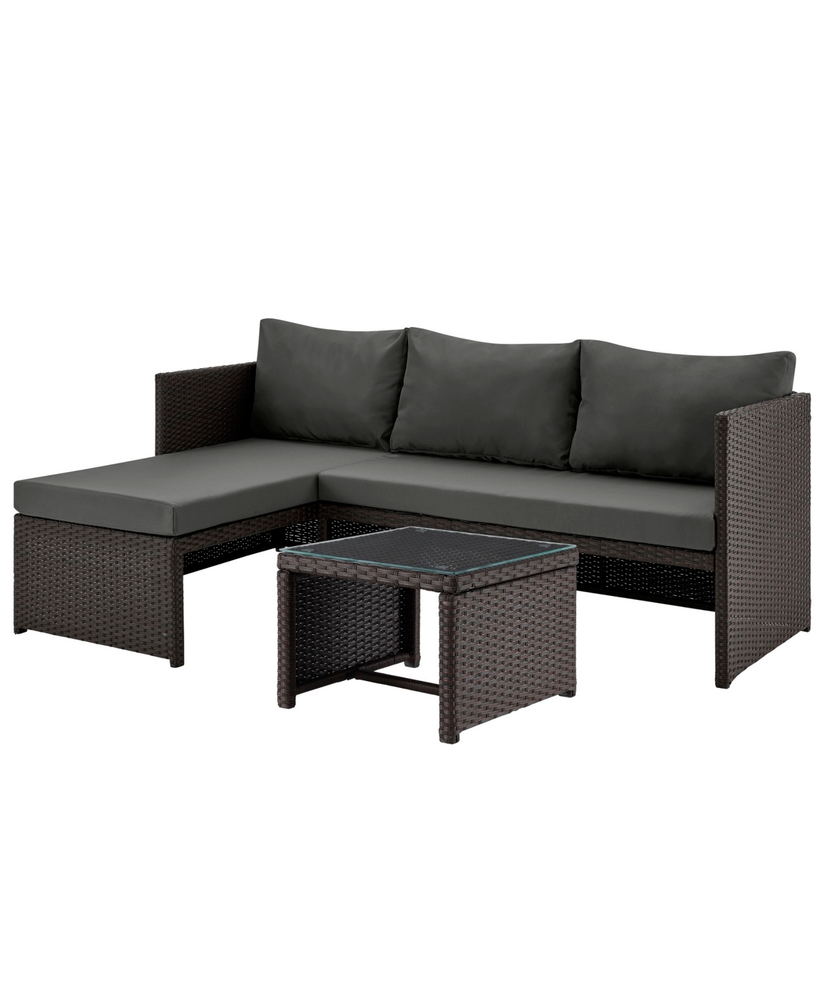 Manhattan Comfort 74" Menton Steel Polyester Upholstered 2-seater And Lounge Chair With Coffee Table In Brown And Gray