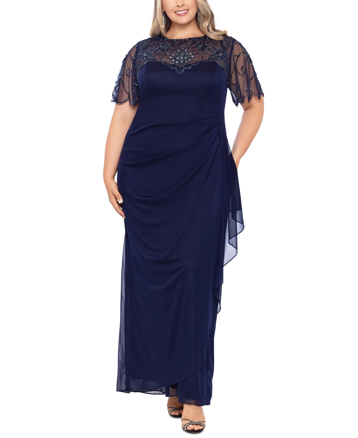 Xscape Plus Size Beaded Illusion Gown In Navy