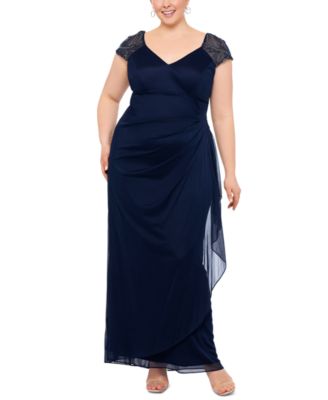 XSCAPE - Plus Size Cap-Sleeve Ruched Gown