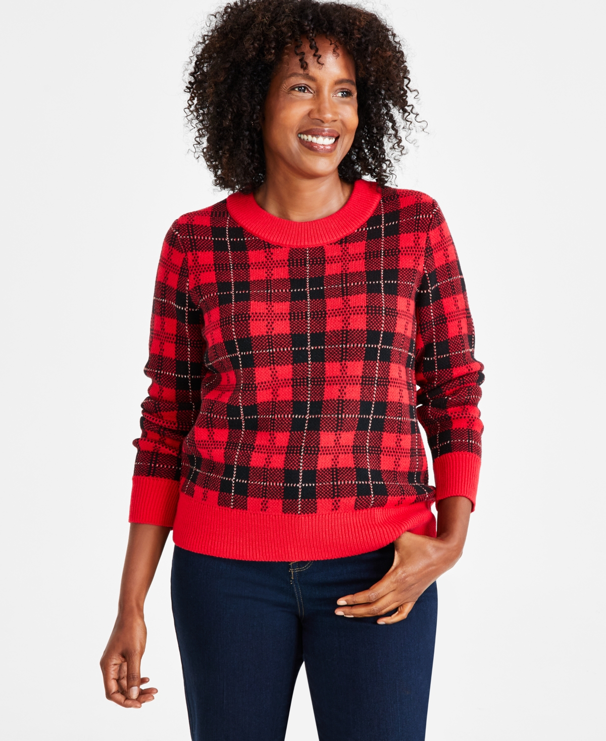 STYLE & CO WOMEN'S PLAID LONG-SLEEVE SWEATER WITH SHINE, REGULAR & PETITE, CREATED FOR MACY'S