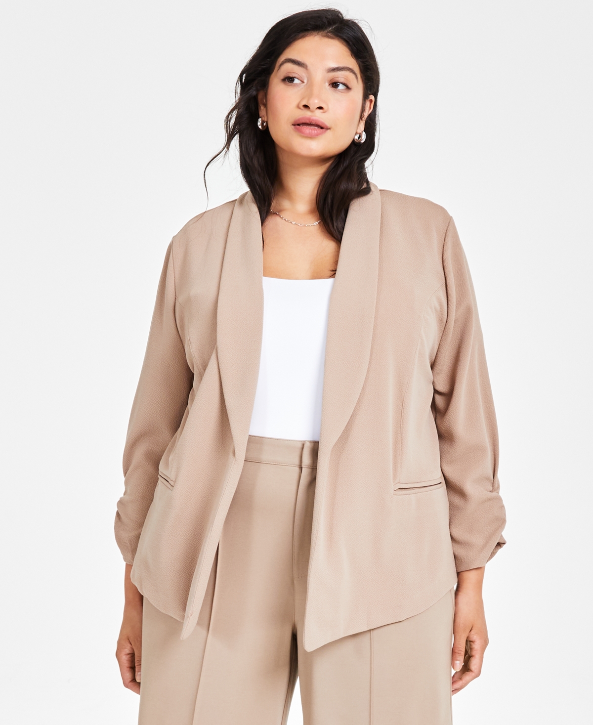 Trendy Plus Size Knit Drape-Front Blazer, Created for Macy's - Warm Ginger