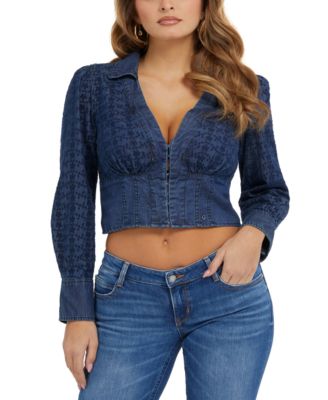 GUESS - Women's Eyelet Collared Puff-Sleeve Corset Top