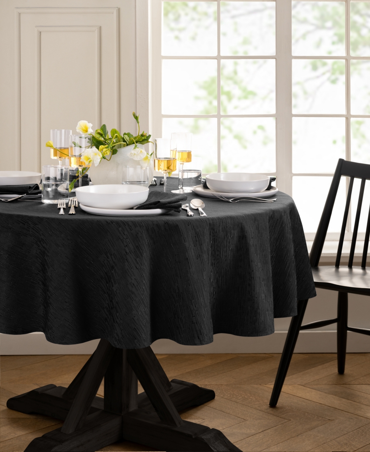 Elrene Continental Solid Texture Water And Stain Resistant Tablecloth, 70" Round In Black