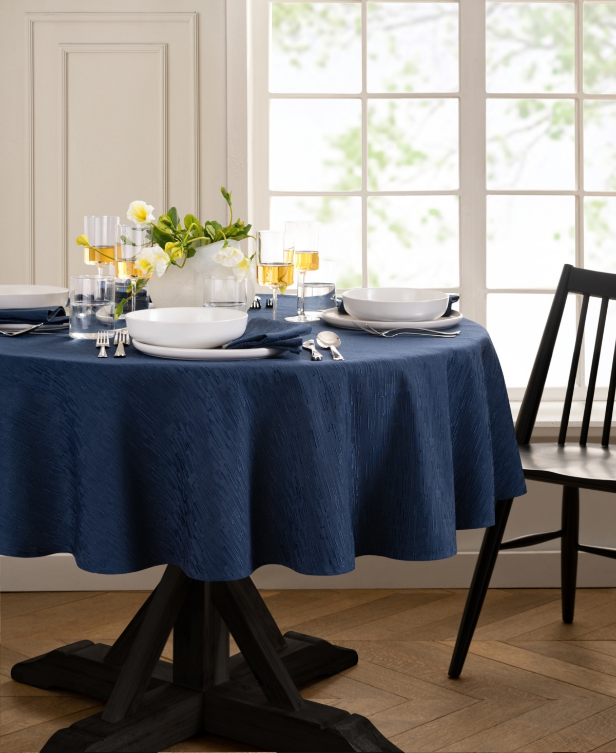 Elrene Continental Solid Texture Water And Stain Resistant Tablecloth, 70" Round In Navy