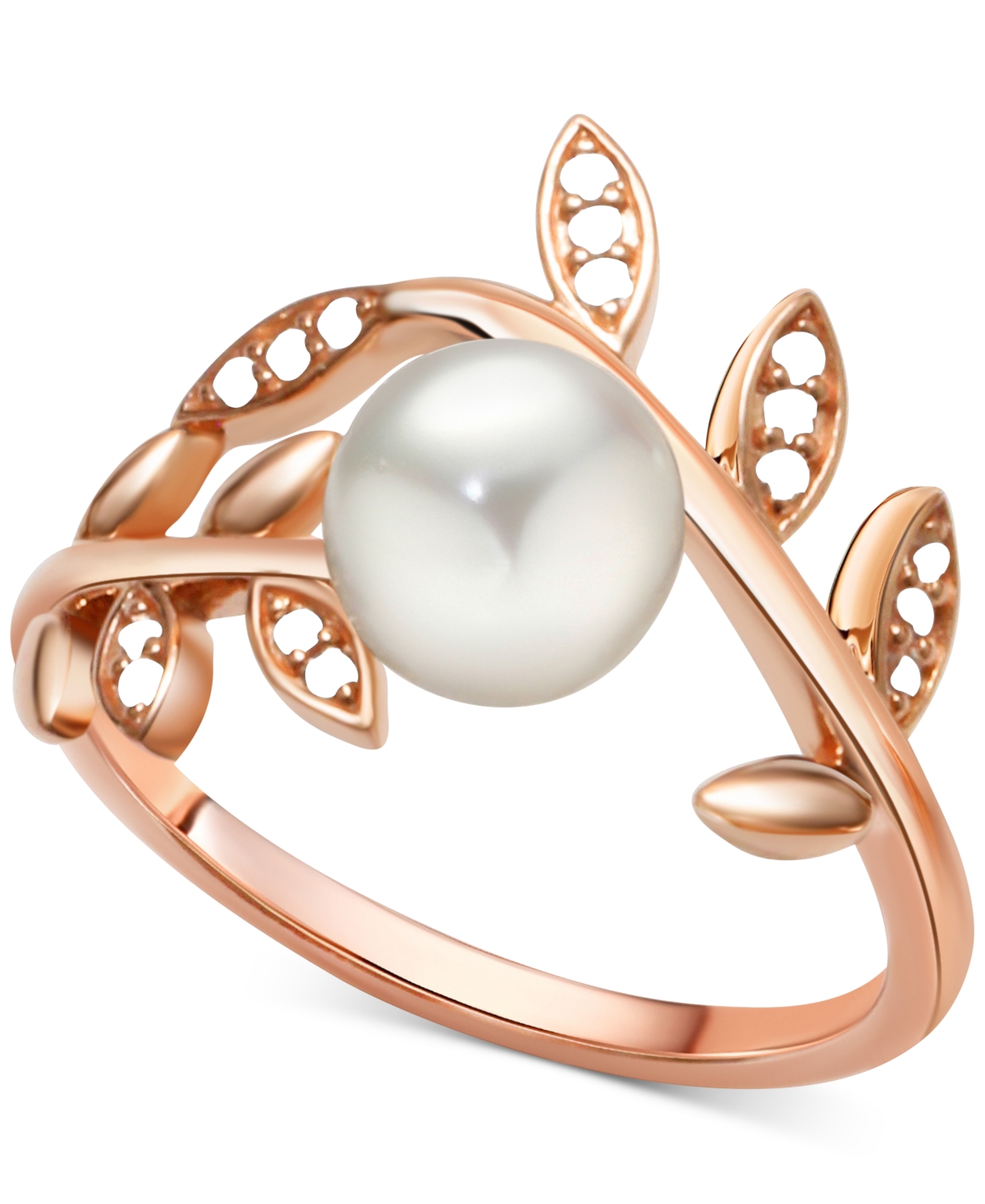 Macy's Cultured Freshwater Pearl (6mm) & White Zircon (1/6 Ct. T.w.) Vine Ring In 14k Rose Gold-plated Ster