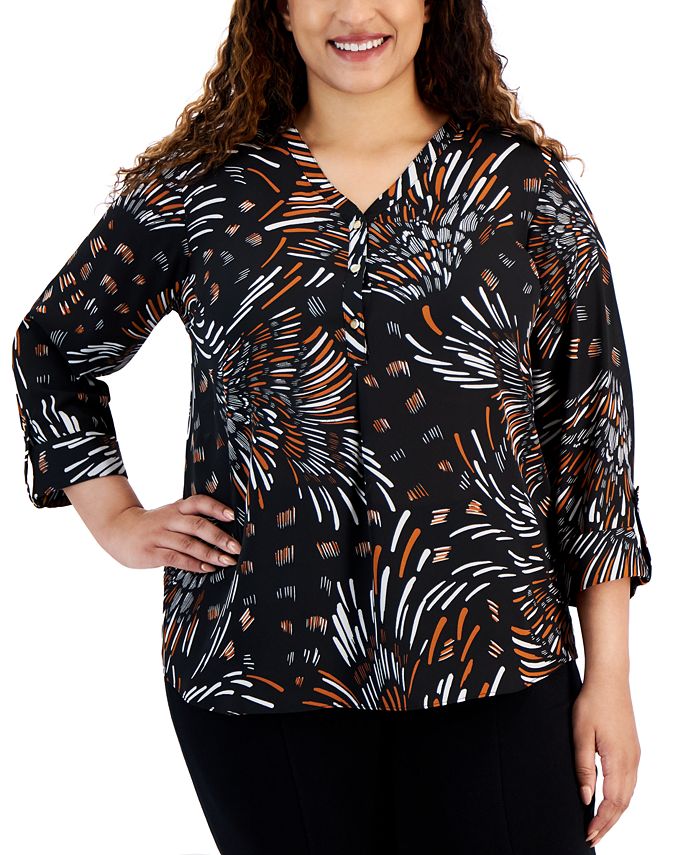 JM Collection Plus Size V-Neck Buttoned-Cuff Top, Created for Macy's ...