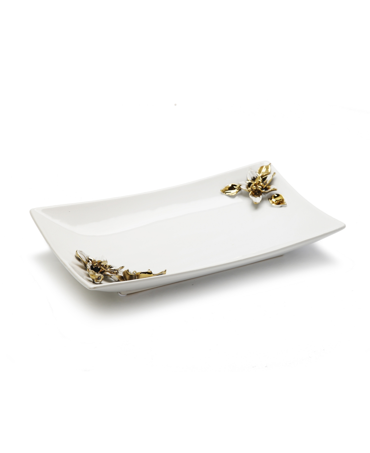 Porcelain Tray with Gold-Tone and White Flower on Handles - White, Gold