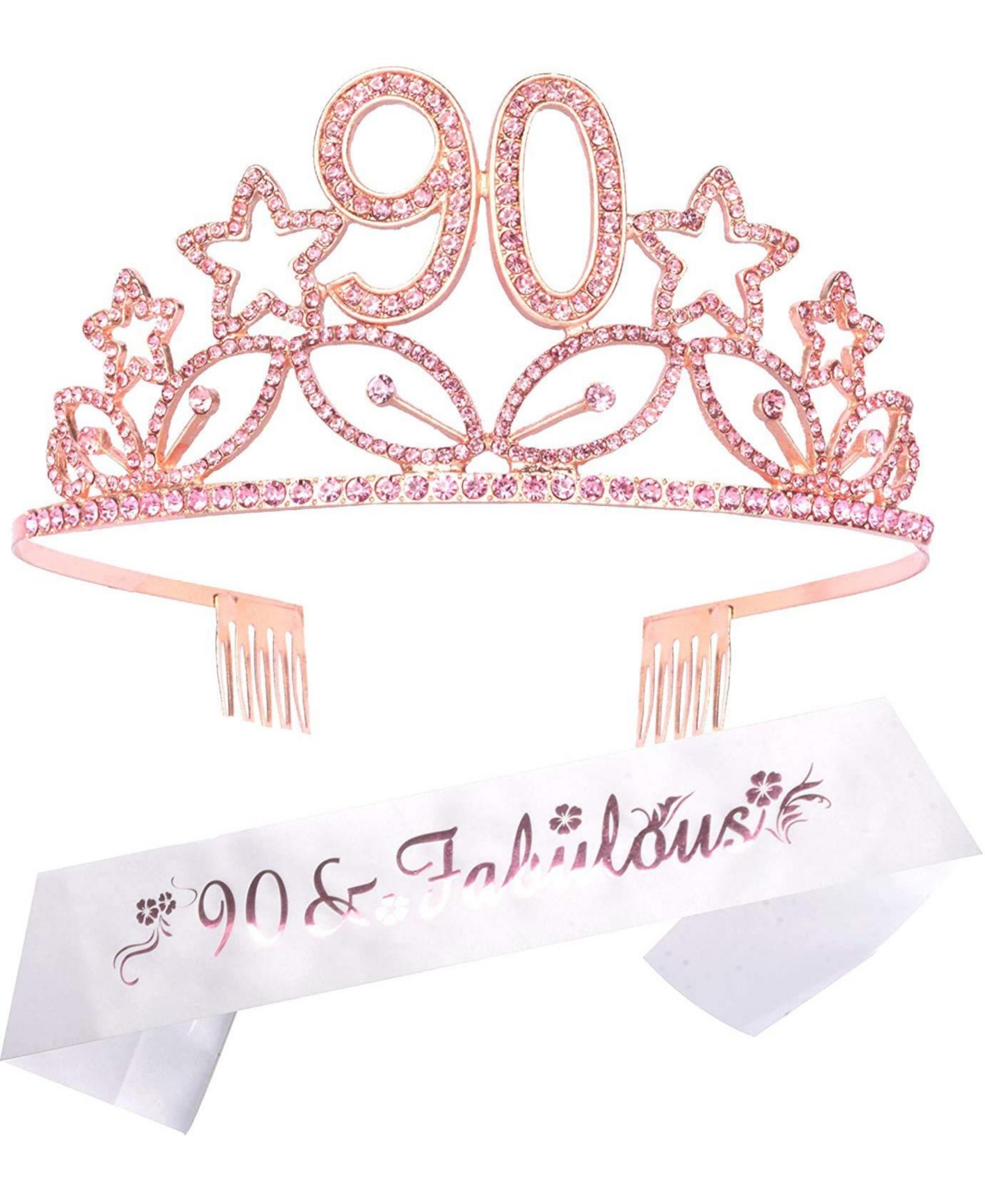 90th Birthday Sash and Tiara for Women - Fabulous Glitter Sash + Stars Rhinestone Pink Premium Metal Tiara for Her, 90th Birthday Gifts for