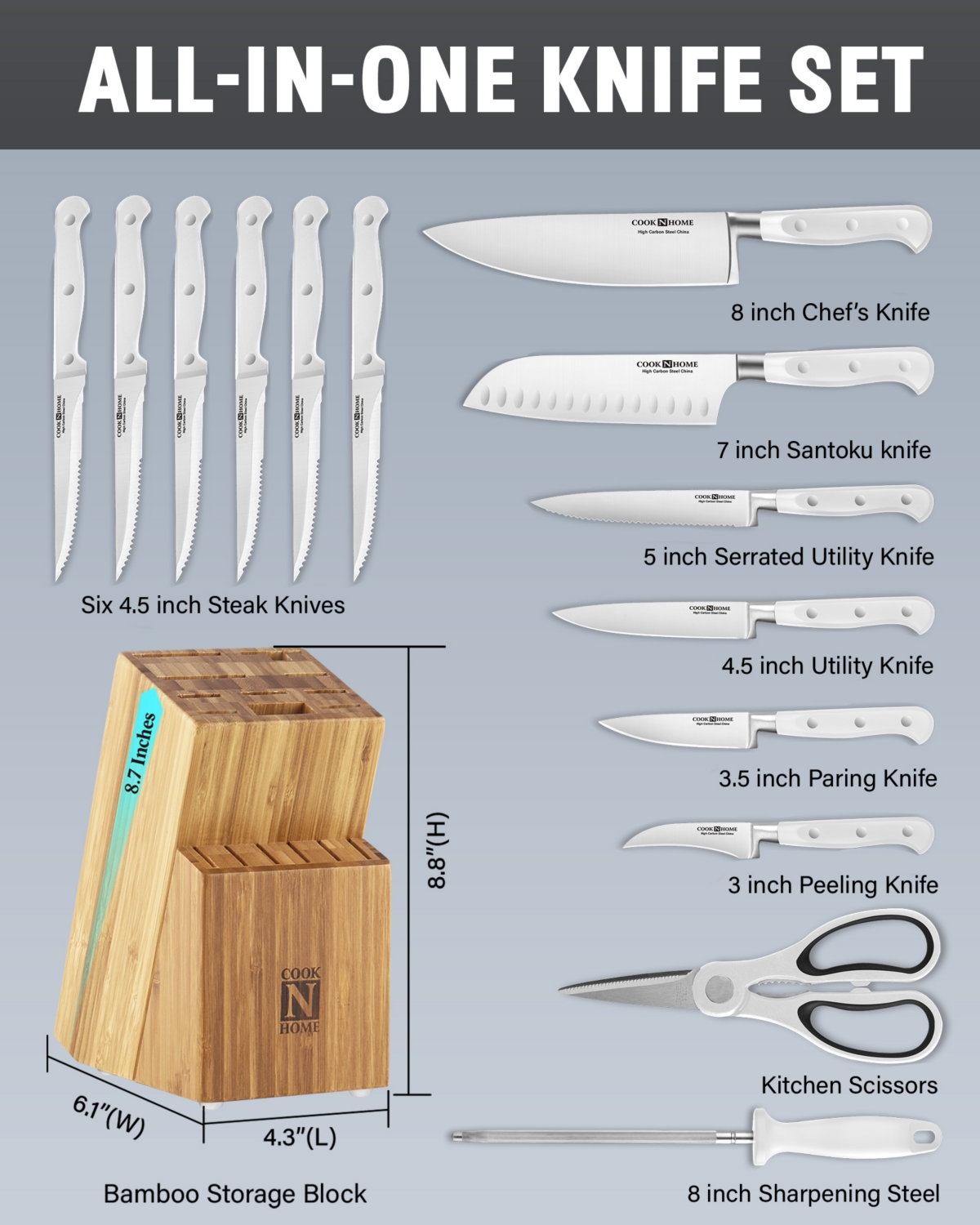 Cook N Home Kitchen Knife Set with Bamboo Storage Block 15-Piece, High Carbon Stainless Steel Blade,- White
