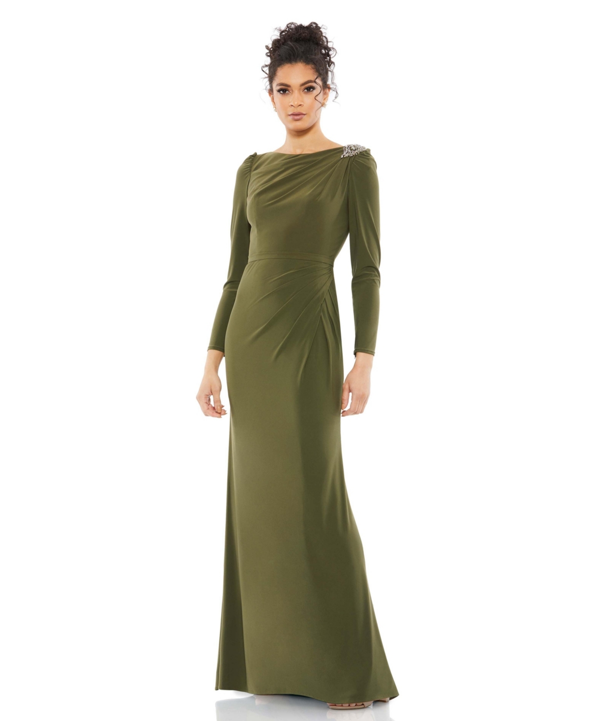 Mac Duggal Long-sleeve Draped Jersey Sheath Gown In Olive