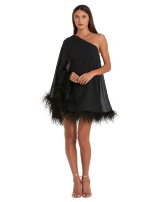 Women's One Shoulder Trapeze Dress with Feather Trim