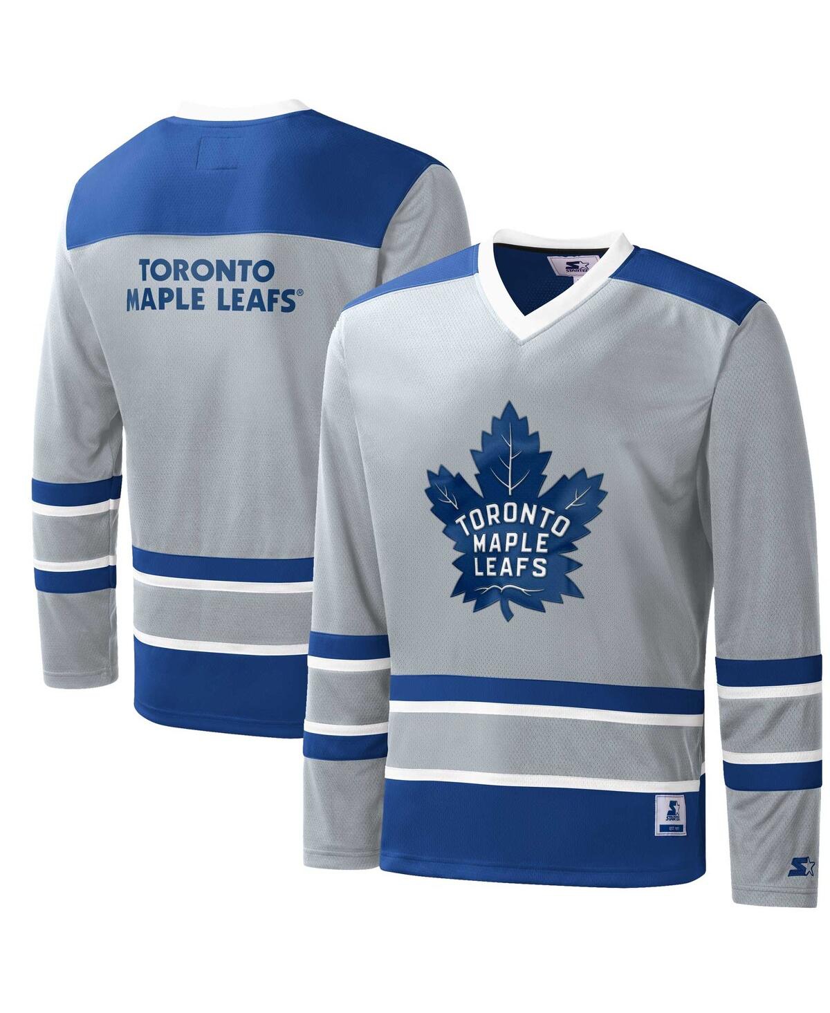 Starter Men's  Gray, Blue Toronto Maple Leafs Cross Check Jersey V-neck Long Sleeve T-shirt In Gray,blue