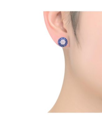 Sterling Silver with White Gold Plated Round and Baguette Cubic Zirconia Stud Earrings