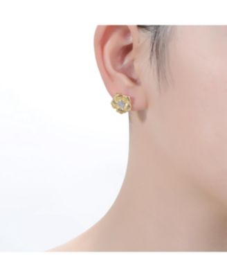 Elegant 14K Gold Plated and Cubic Zirconia Floral Stud Earrings