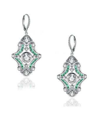 White Gold Plated with Green & Cubic Zirconia Art Deco Lever Back Earrings in Sterling Silver