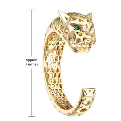 14k Gold Plated Sterling Silver Jaguar Open Cuff Bangle Bracelet with Green Cubic Zirconia