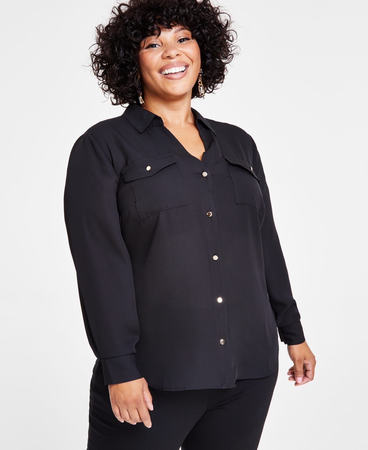 Inc International Concepts Plus Size Long-sleeve Button-front Blouse, Created For Macy's In Deep Black