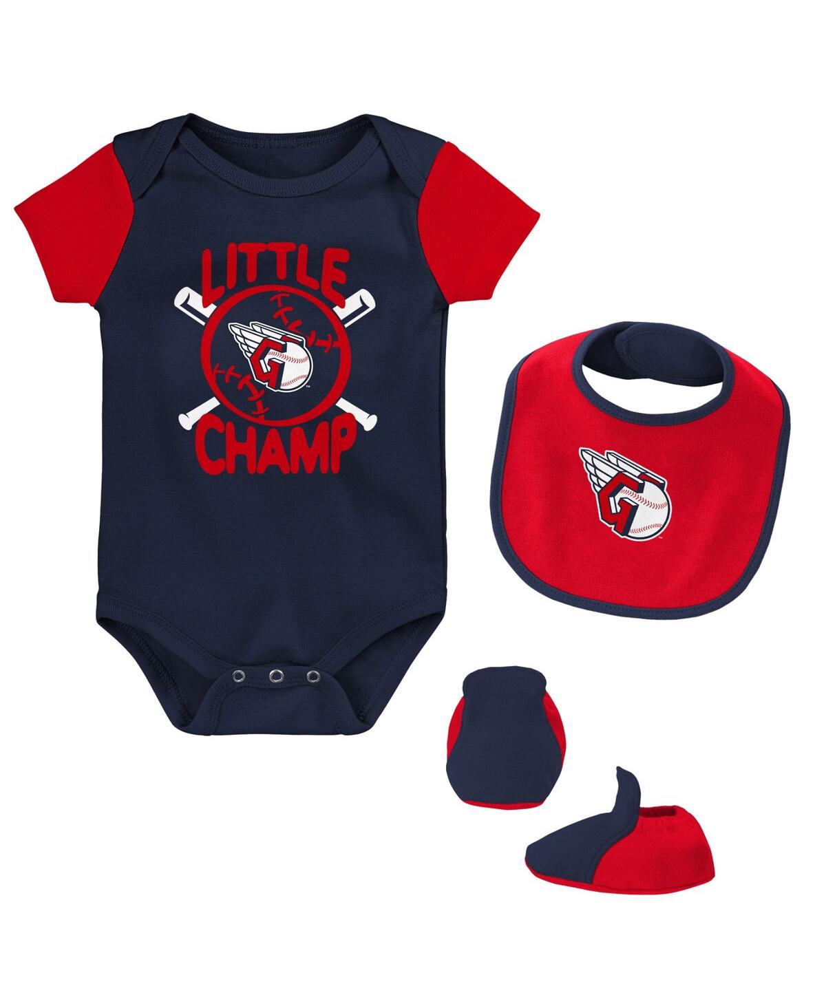 Outerstuff Babies' Newborn And Infant Boys And Girls Navy, Red Cleveland Guardians Little Champ Three-pack Bodysuit Bib In Navy,red