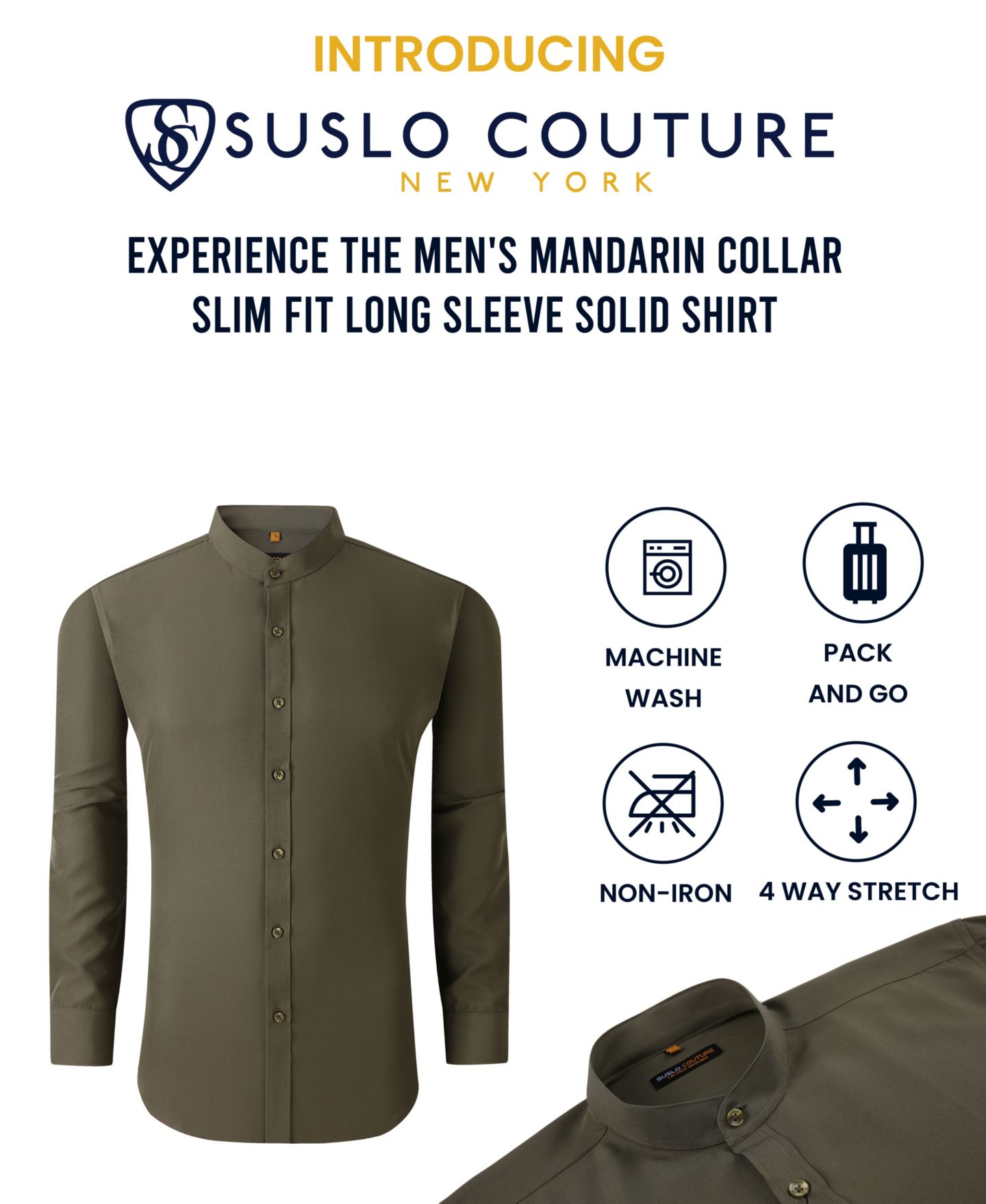 Мужская рубашка Suslo Couture Slim Fit Solid Performance Collarless Button Down Shirt, цвет: Красный — фото 4