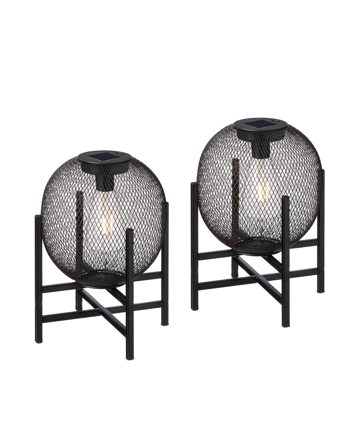 11.5" H Metal Mesh Solar Powered Outdoor Lantern with Stand, Set of 2 - Black