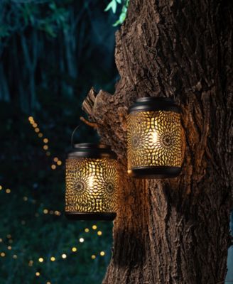 8.75" H Metal Cutout Solar Powered Outdoor Hanging Lantern with Edison Bulb, Set of 2 DNU