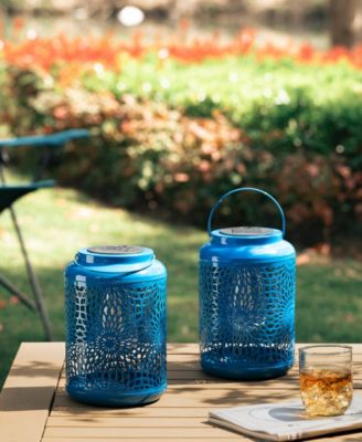 8.75" H Metal Cutout Solar Powered Outdoor Hanging Lantern with Edison Bulb, Set of 2