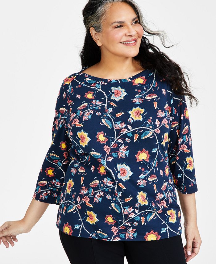 Style & Co Plus Size Printed Pima Cotton 3/4-Sleeve Top, Created for ...