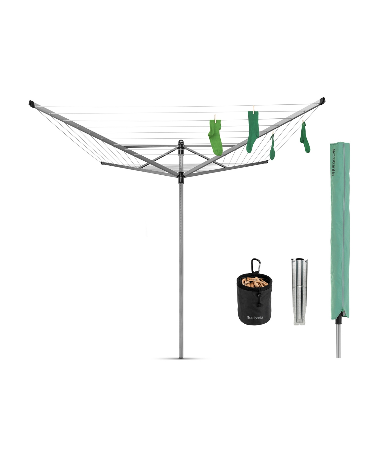 Rotary Lift-o-Matic Clothesline - 164', 50 Meter with Metal Ground Spike, Protective Cover, Peg Bag and Wooden Clothespins Set - Metallic Gray
