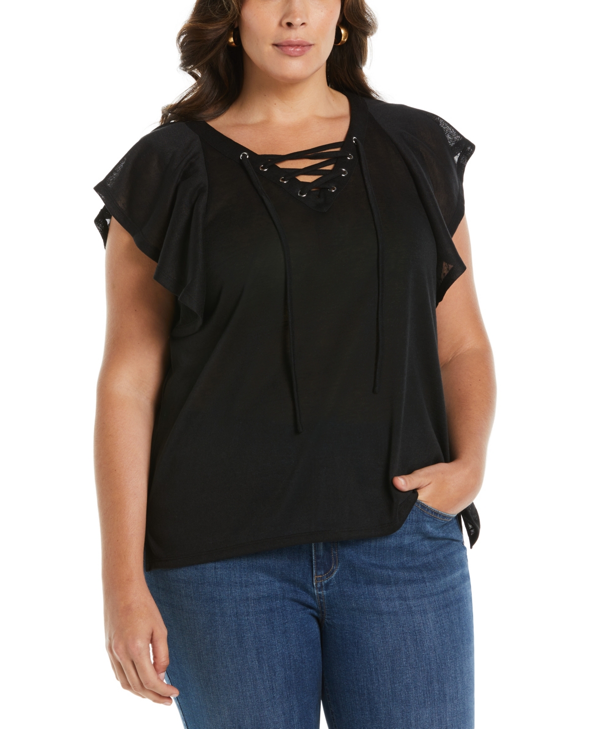 Ella Rafaella Plus Size Lace-Up Flutter Short Sleeve Top