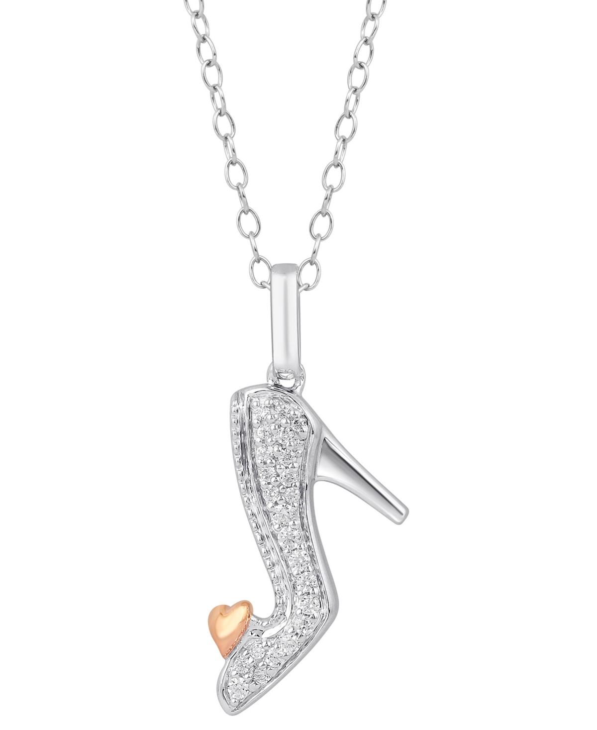 Diamond Cinderella Slipper & Heart Pendant Necklace (1/10 ct. t.w.) in Sterling Silver & 10K Rose Gold, 16" + 2" extende