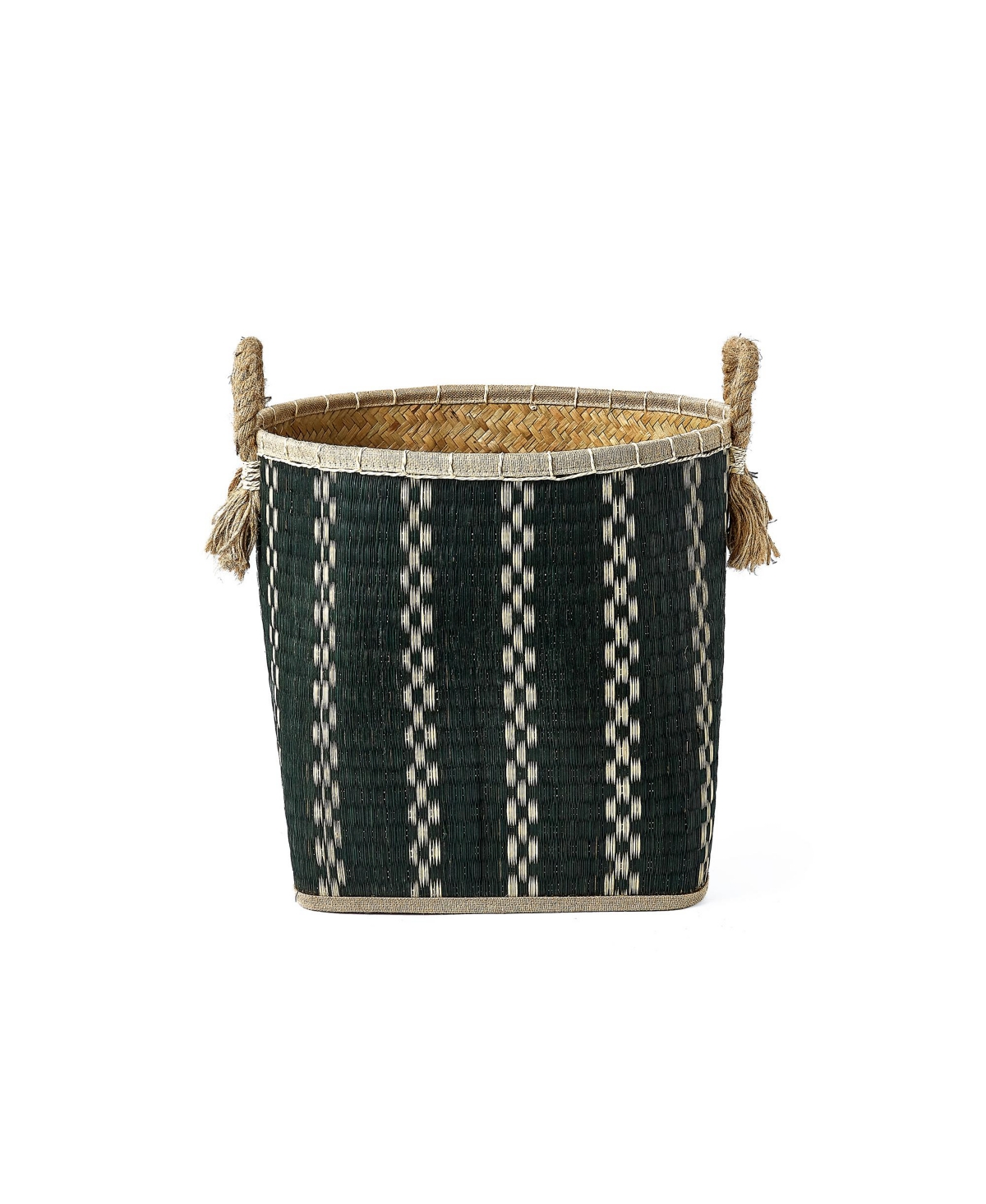 Baum 3 Piece Round Top and Square Bottom Palm Leave Basket Set with Rope Handles and Tassels - Black and Natural