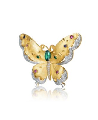 Rhodium and 14K Gold Plated Genuine Stone Floral Pin