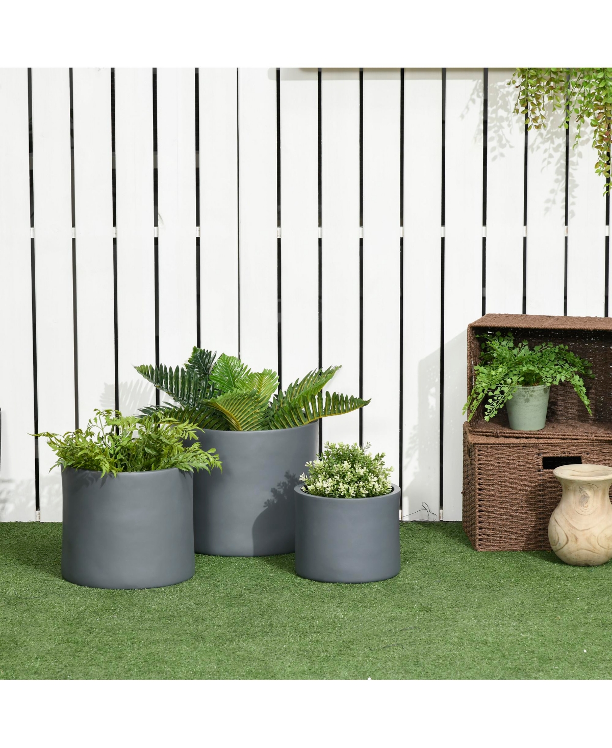 Outsunny 3-Pack Outdoor Planter Set, MgO Flower Pots with Drainage Holes, Outdoor Ready & Stackable for Indoor, Entryway, Patio, Yard, Garden - Dark g
