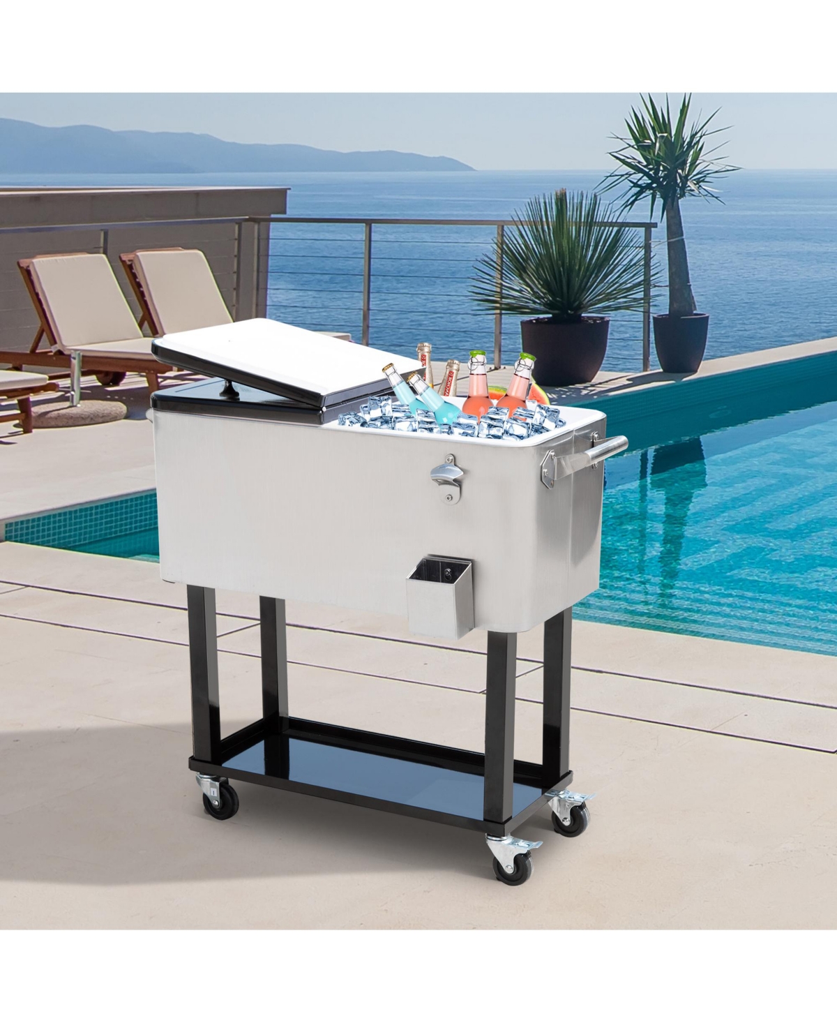 Outsunny 80 Qt Rolling Cooling Bins Ice Chest on Wheels Outdoor Stand Up Drink Cooler Cart for Party, Stainless Steel